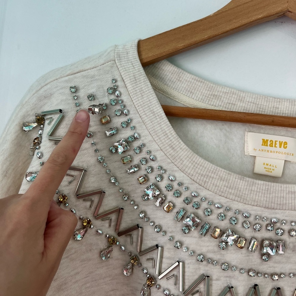 Anthropologie Maeve Embellished Collar Pullover in Light Sand Size Small - Picture 4 of 13